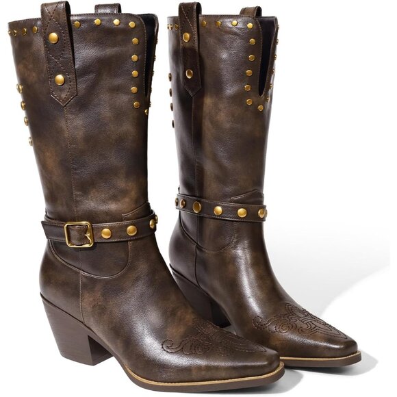 Womens Brown Faux Leather Mid Calf Square Toe Block Chunky Heel Studded Boots - Picture 3 of 8